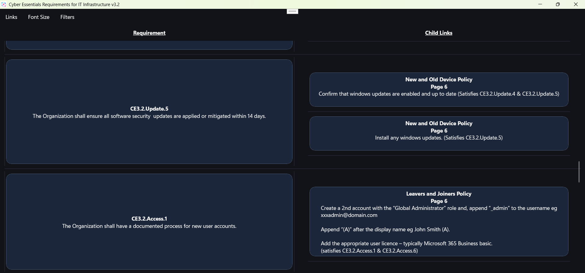 Cyber Essentials Compliance example showing linked policy content against individual requirements